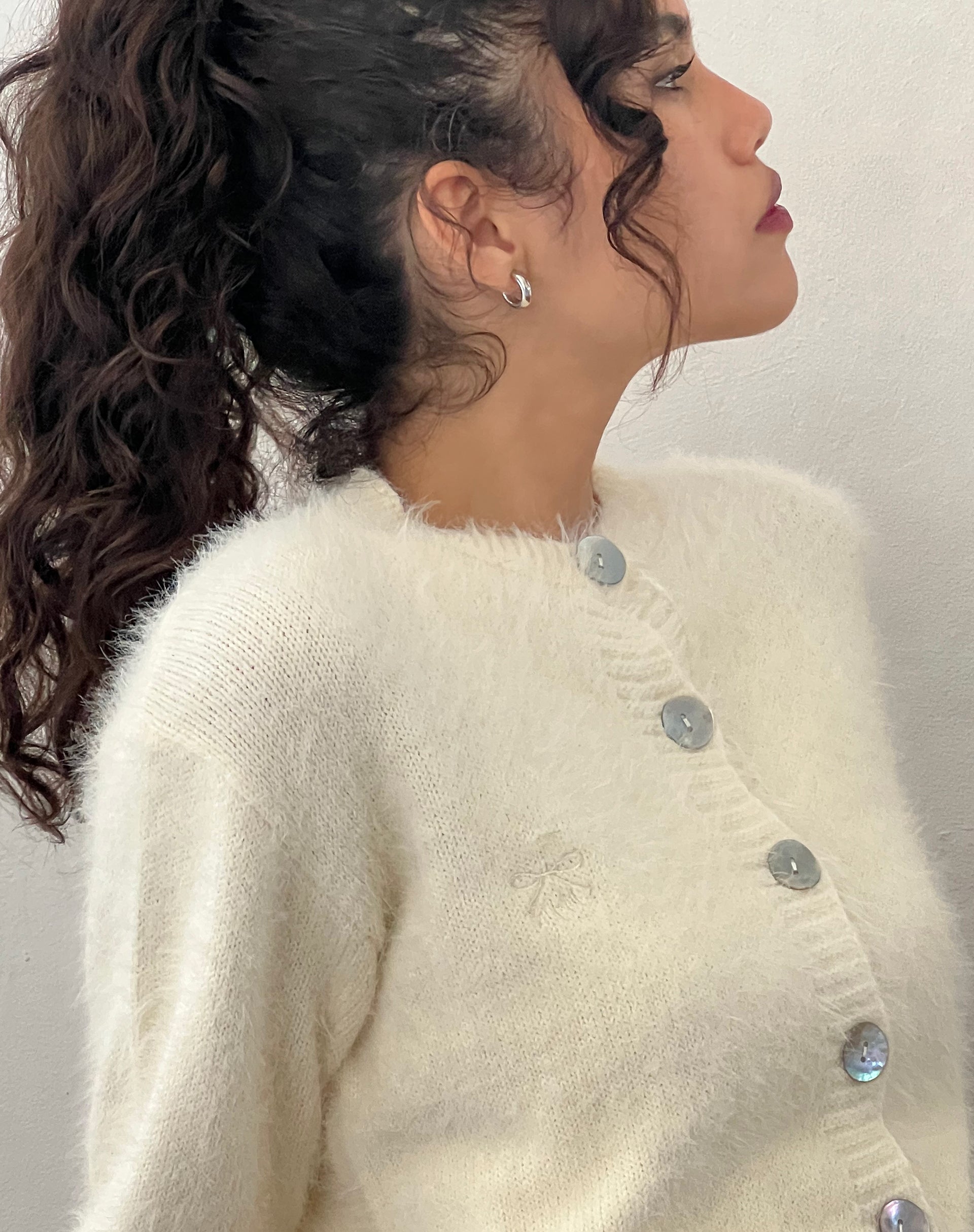 Audrina Cardigan in Fluffy Knit Ivory-Nico Sky