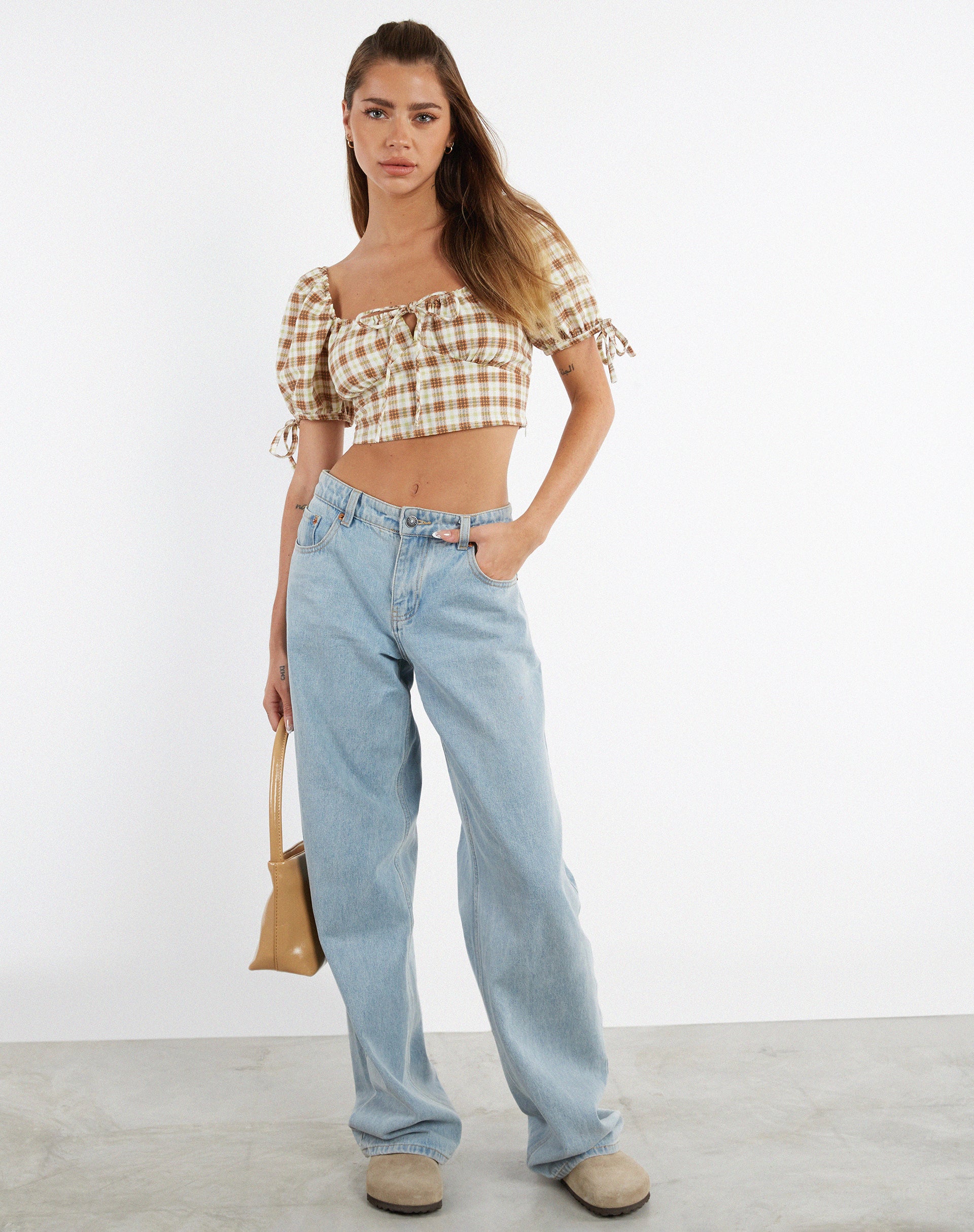 Auri Crop Top in Yellow Brown Check-Nico Sky