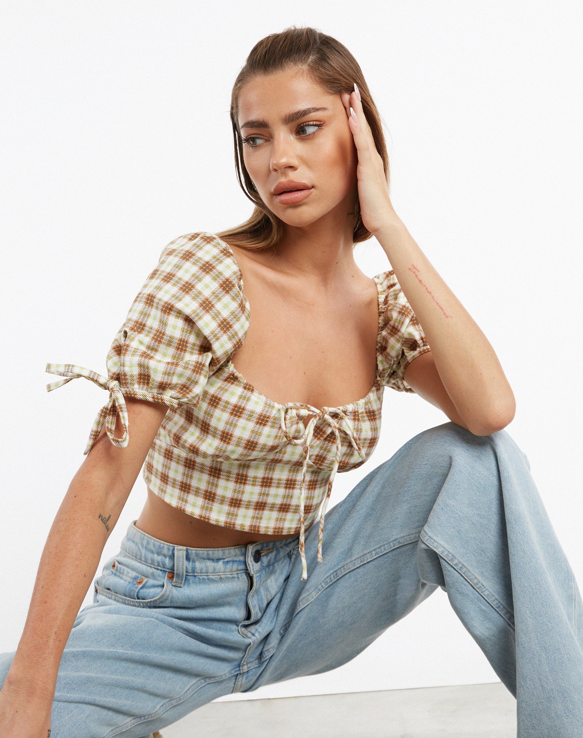 Auri Crop Top in Yellow Brown Check-Nico Sky
