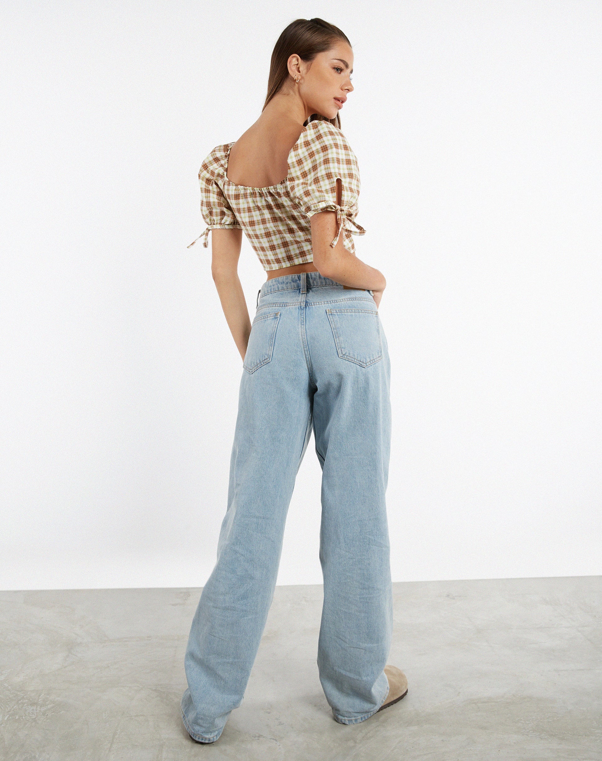 Auri Crop Top in Yellow Brown Check-Nico Sky