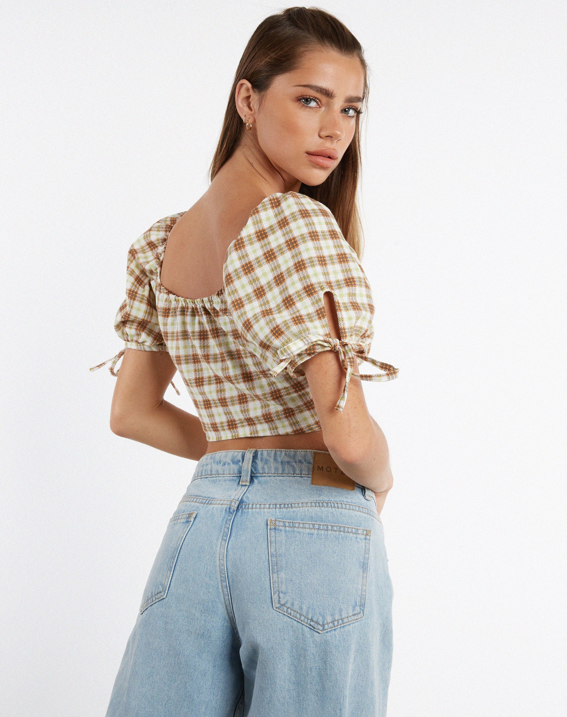Auri Crop Top in Yellow Brown Check-Nico Sky