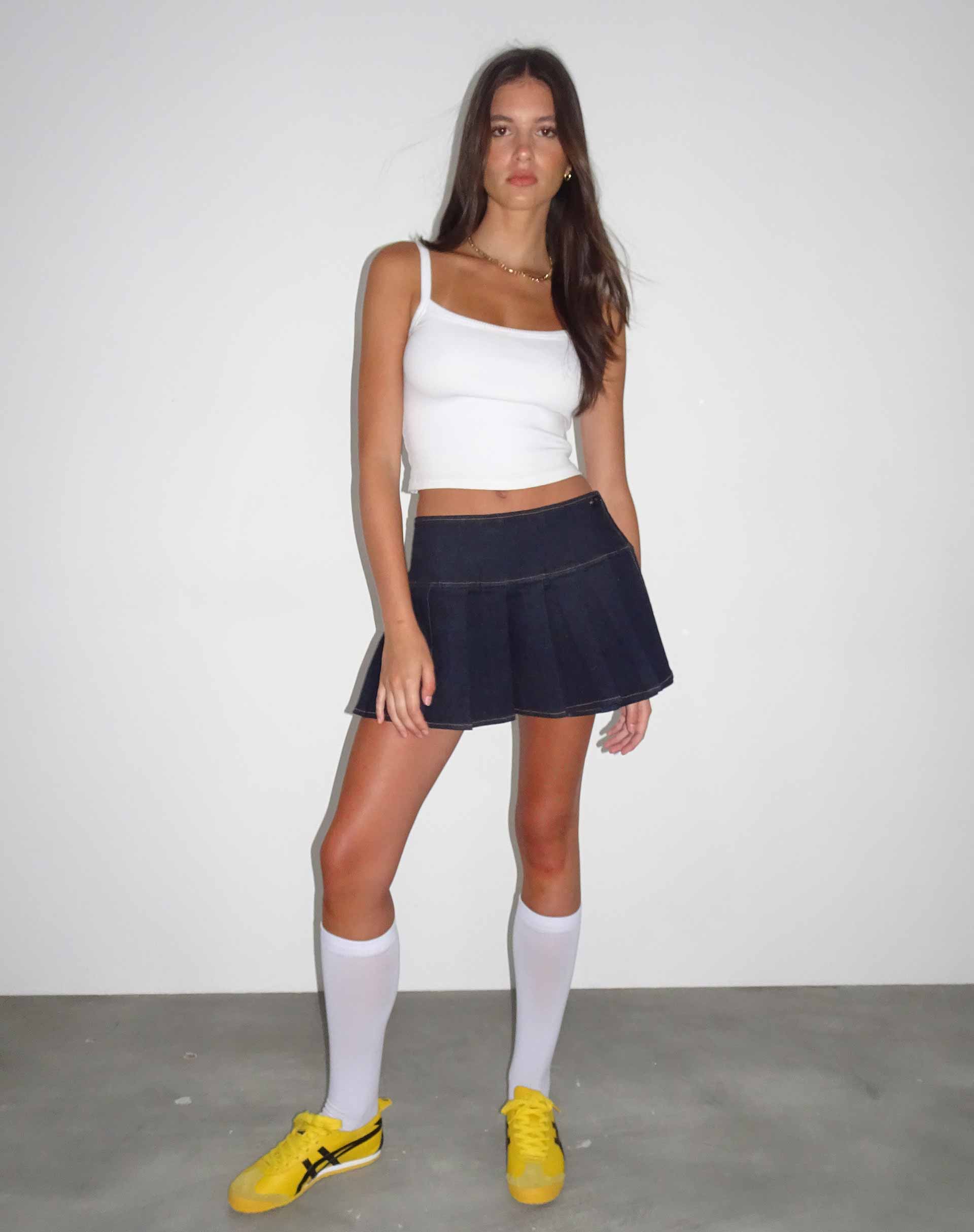 Casini Pleated Micro Skirt in Blue Wash Denim-Nico Sky