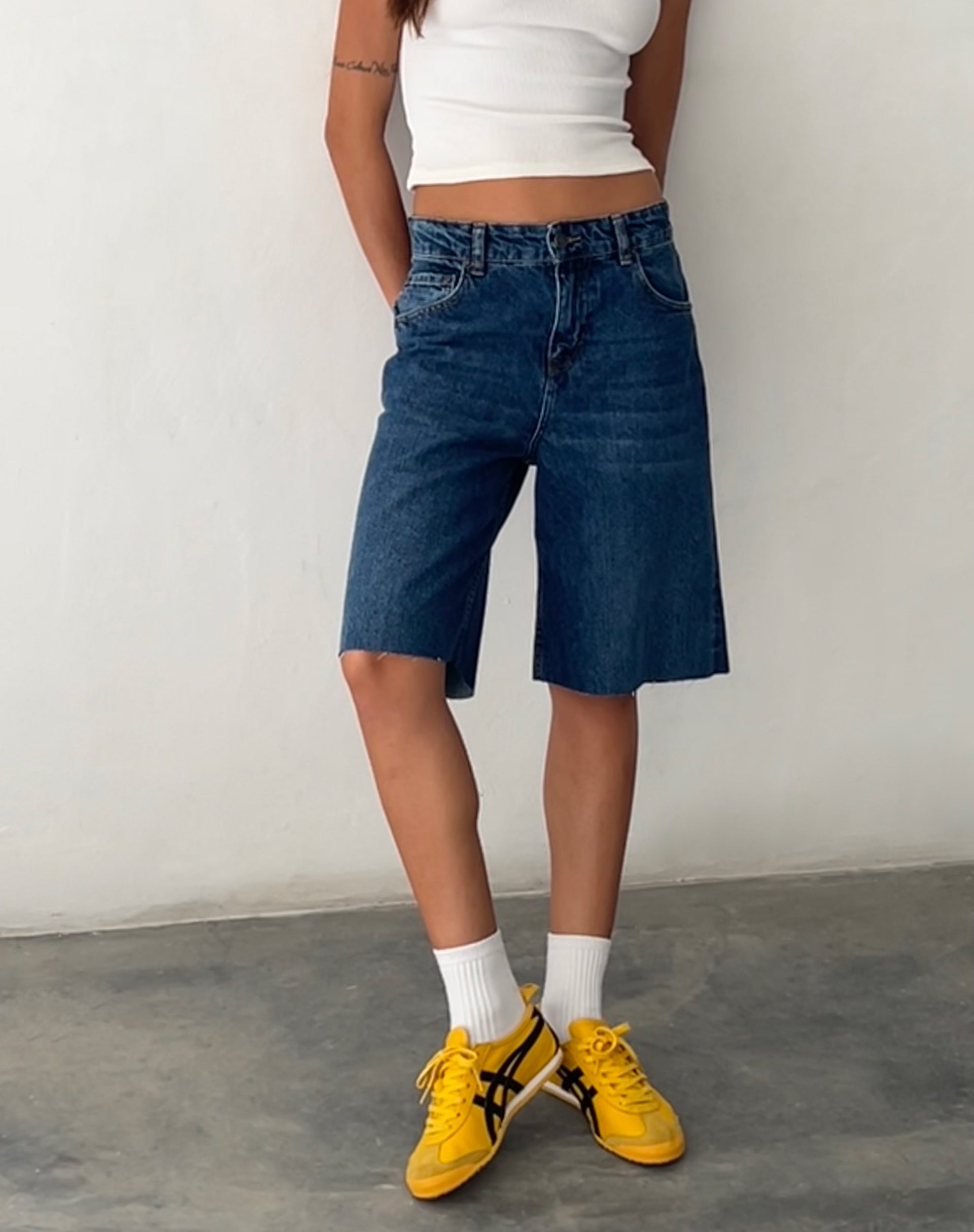 Roomy Mid Rise Long Jorts in Mid Blue Used-Nico Sky