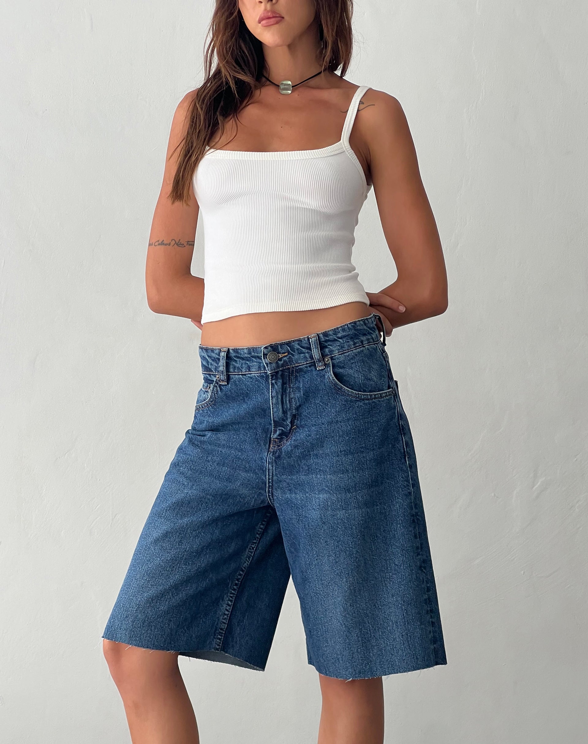 Roomy Mid Rise Long Jorts in Mid Blue Used-Nico Sky