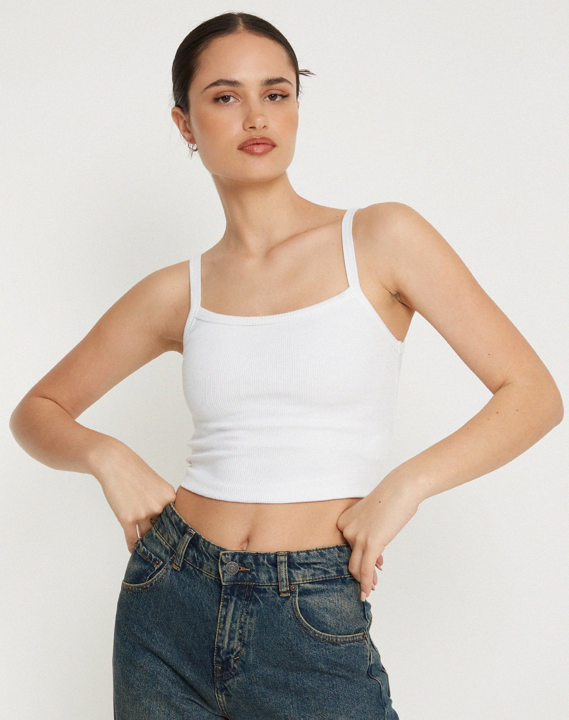 Aus Ribbed Vest Top in White-Nico Sky