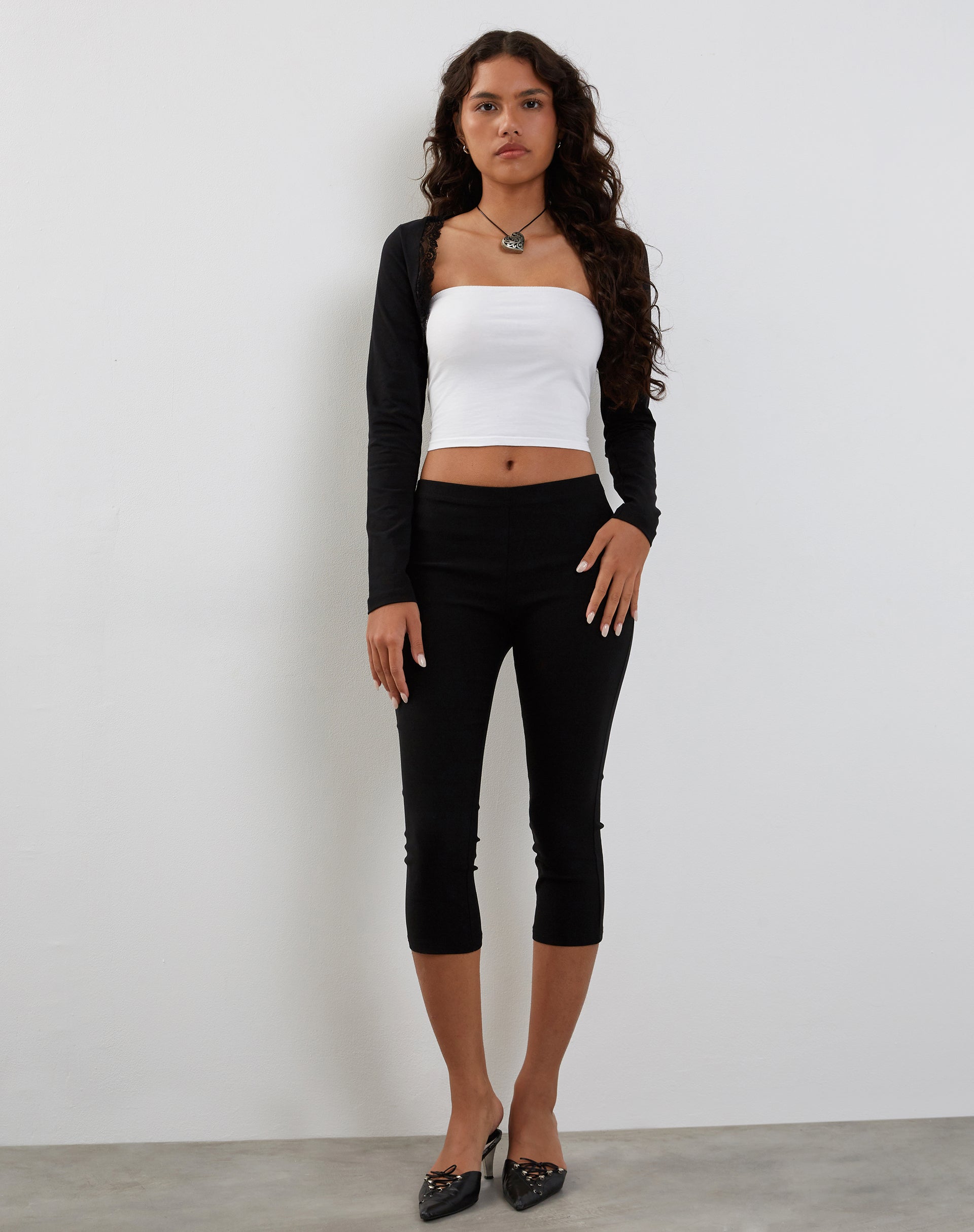 Avya Lace Trim Shrug Top in Lycra Lace Black-Nico Sky