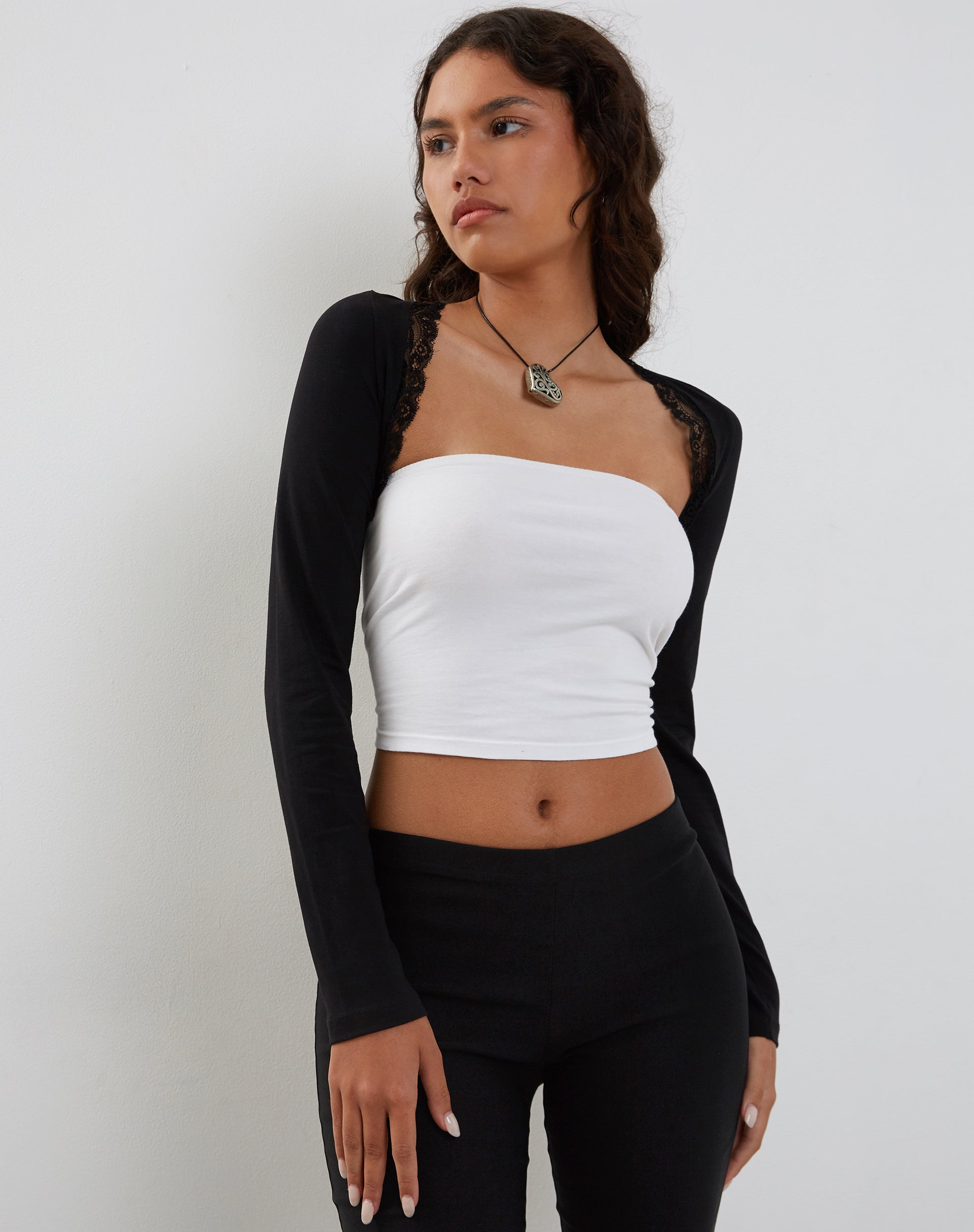Avya Lace Trim Shrug Top in Lycra Lace Black-Nico Sky