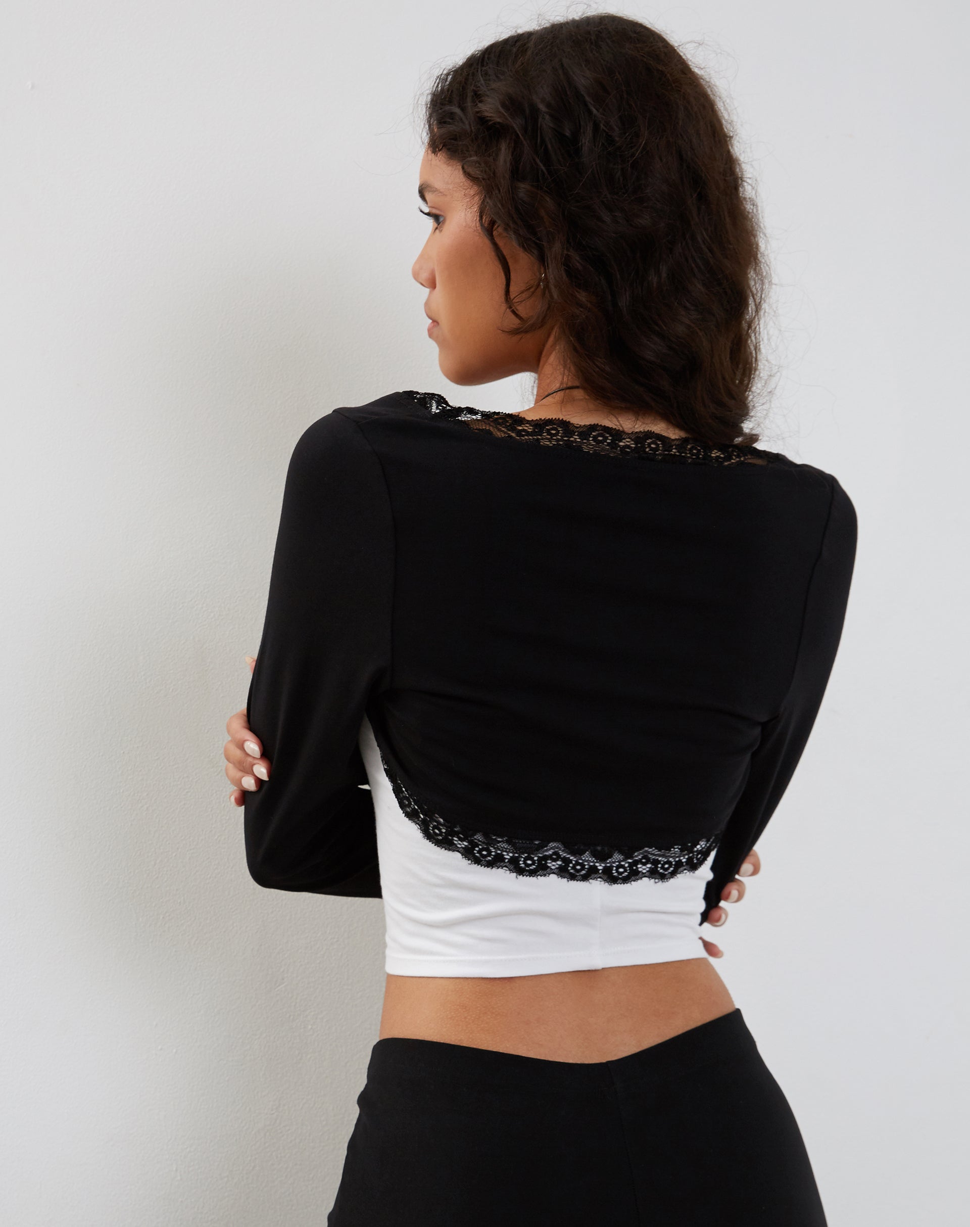 Avya Lace Trim Shrug Top in Lycra Lace Black-Nico Sky