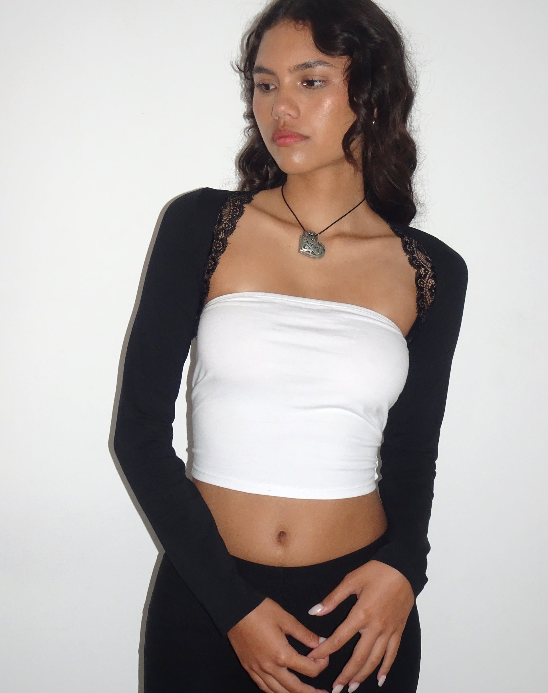 Avya Lace Trim Shrug Top in Lycra Lace Black-Nico Sky