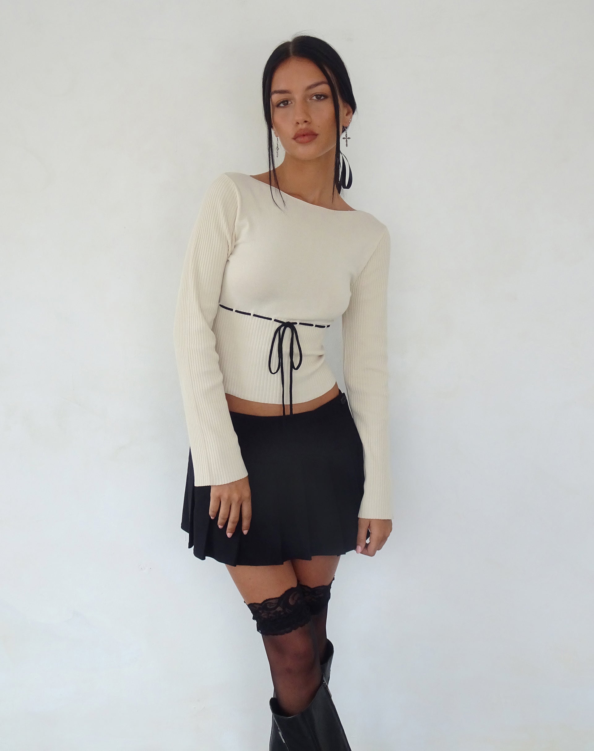 Awdella Knitted Long Sleeve Top in Beige-Nico Sky