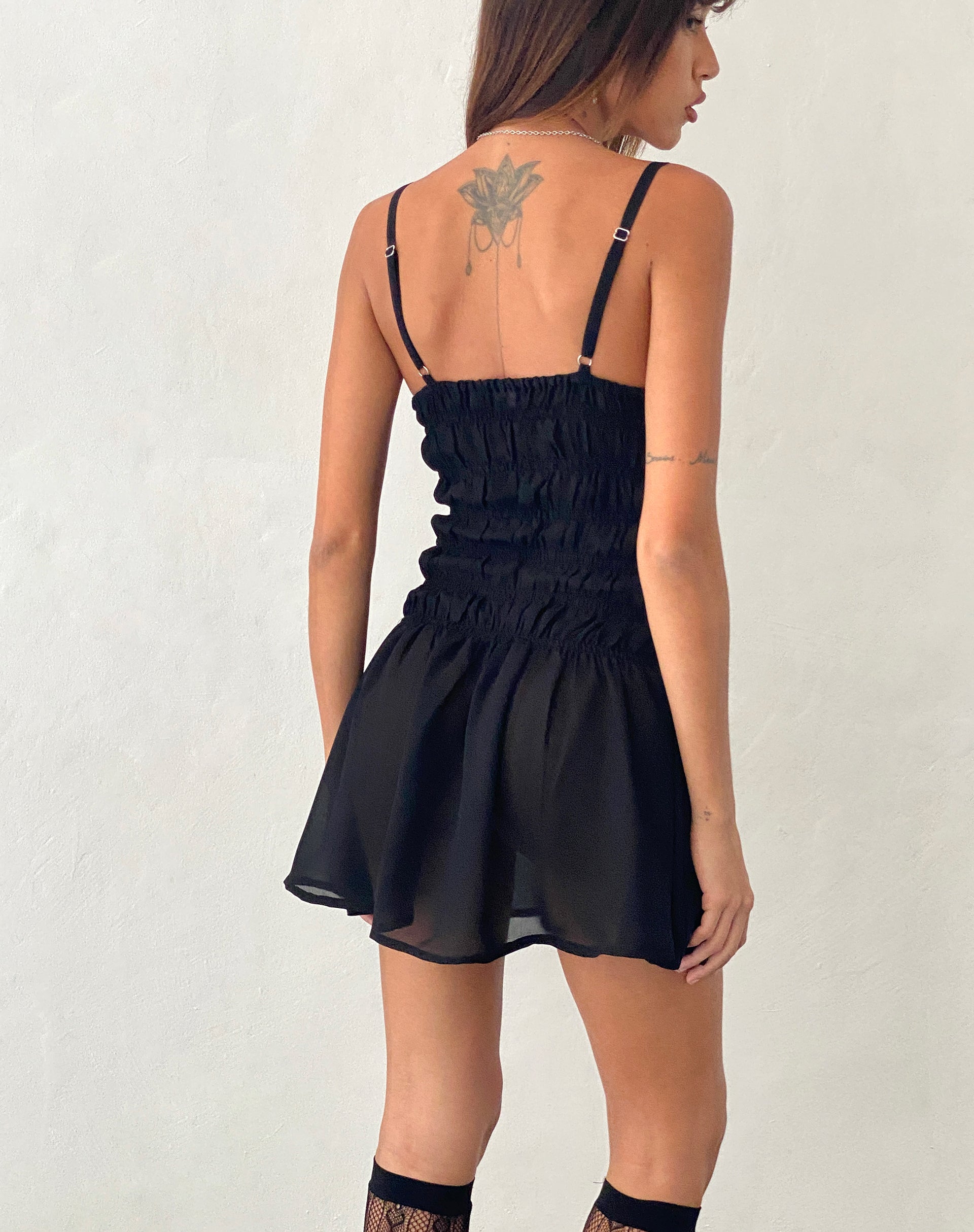 Axely Shirred Mini Dress in Chiffon Black-Nico Sky