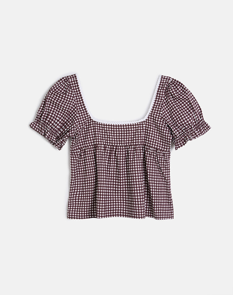 Axoni Square Neck Blouse in Mini Gingham Wine-Nico Sky