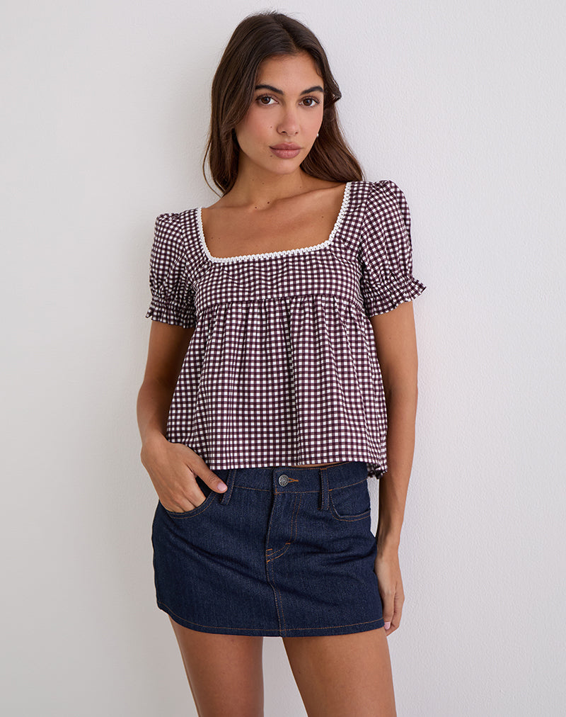 Axoni Square Neck Blouse in Mini Gingham Wine-Nico Sky