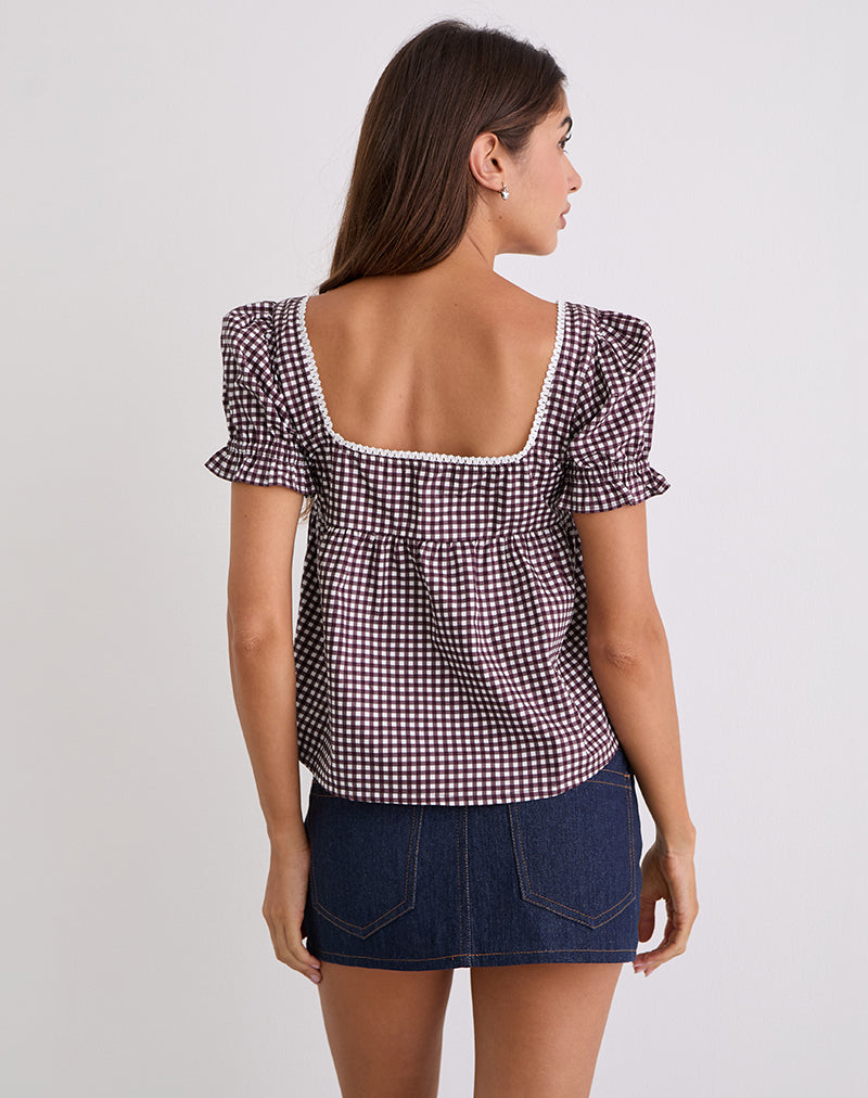 Axoni Square Neck Blouse in Mini Gingham Wine-Nico Sky