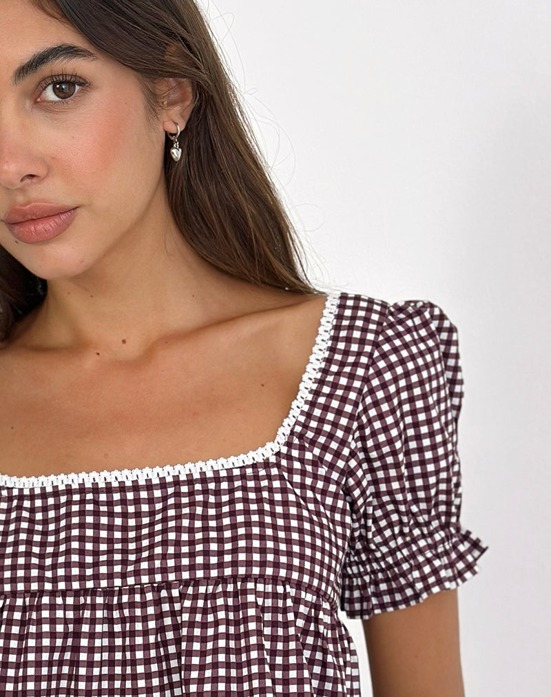 Axoni Square Neck Blouse in Mini Gingham Wine-Nico Sky