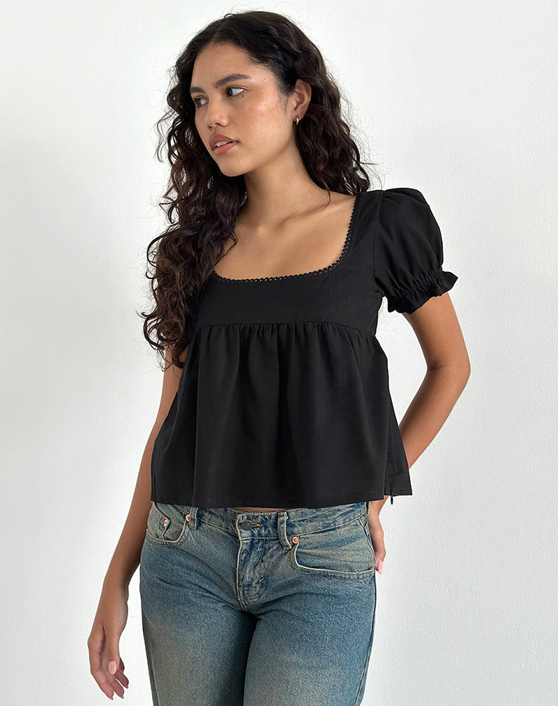 Axoni Square Neck Blouse in Linen Black-Nico Sky