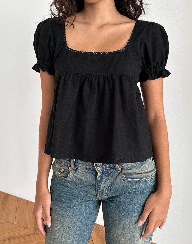 Axoni Square Neck Blouse in Linen Black-Nico Sky