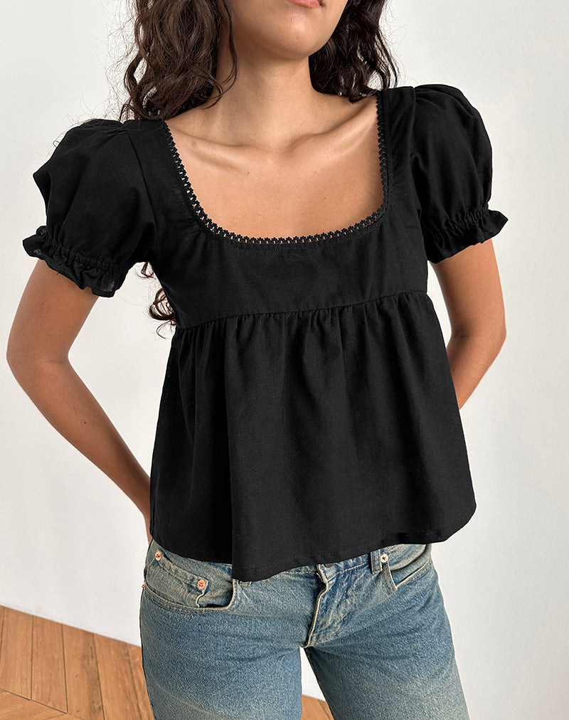 Axoni Square Neck Blouse in Linen Black-Nico Sky