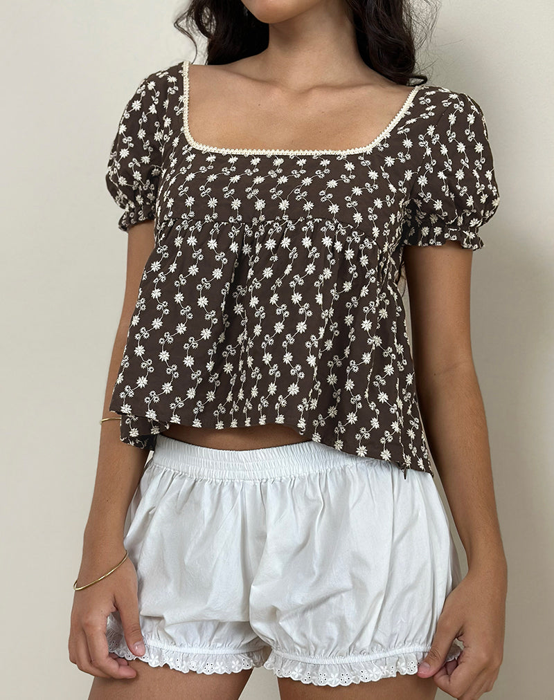 Axoni Square Neck Blouse in Floral Broderie Brown-Nico Sky