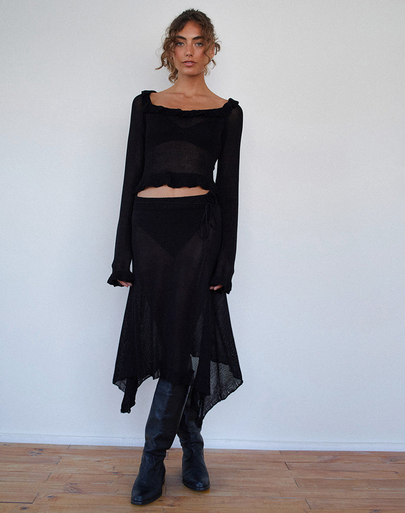 Ayako Frill Fine Knit Top in Black-Nico Sky