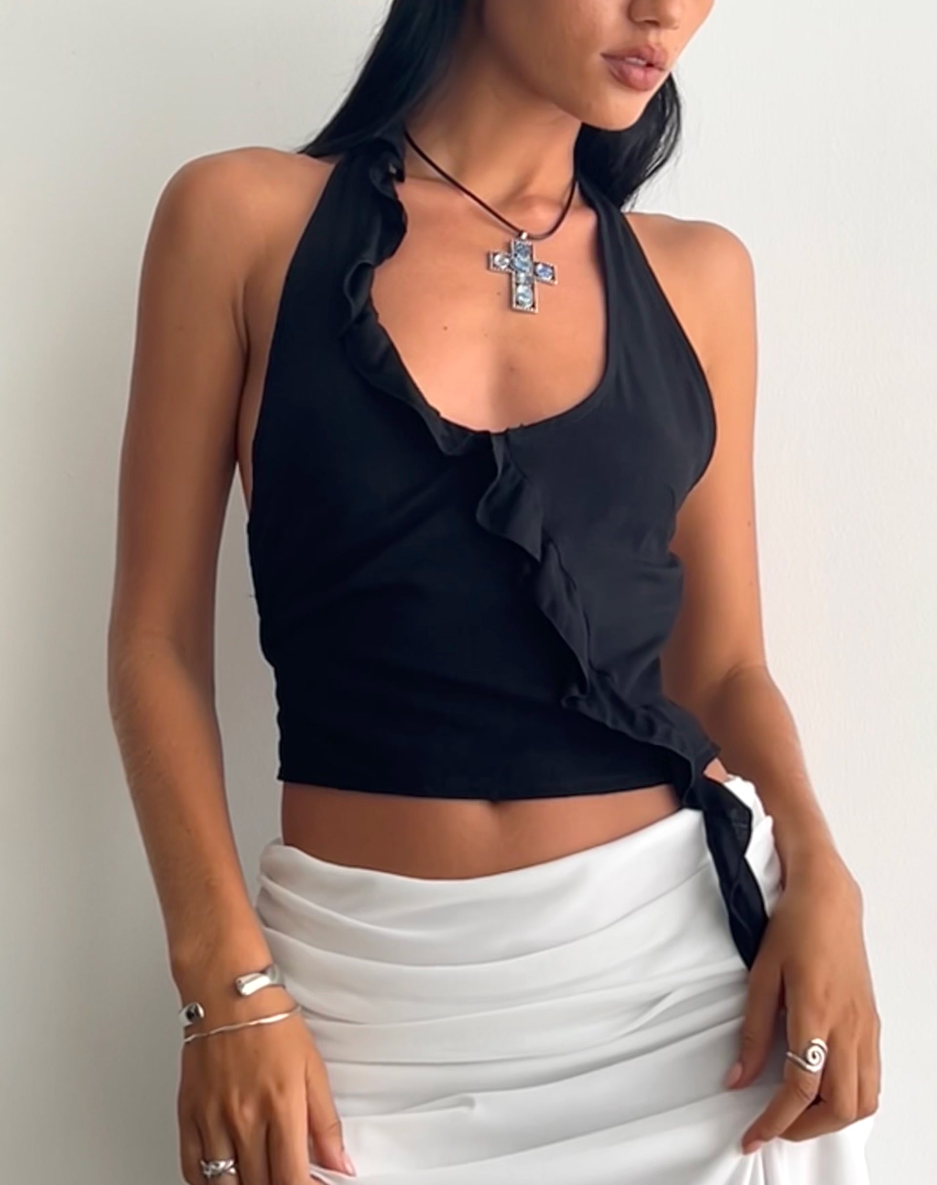 Aysu Ruffle Detail Halterneck Top in Black-Nico Sky