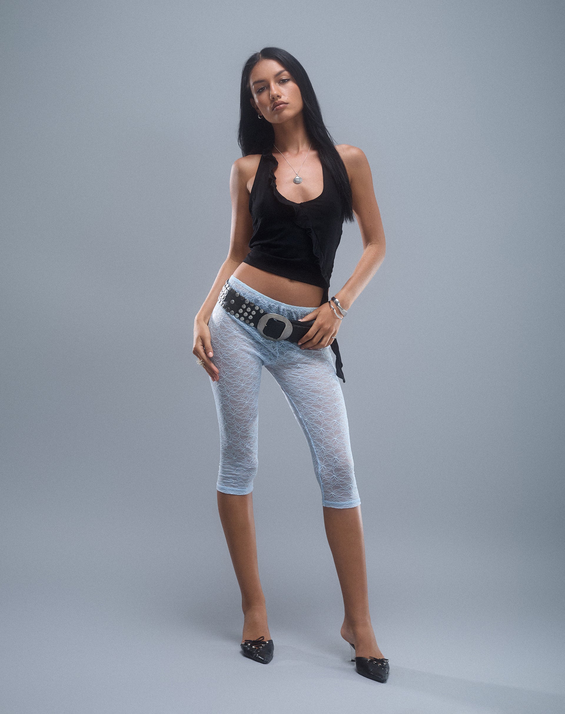 Aysu Ruffle Detail Halterneck Top in Black-Nico Sky