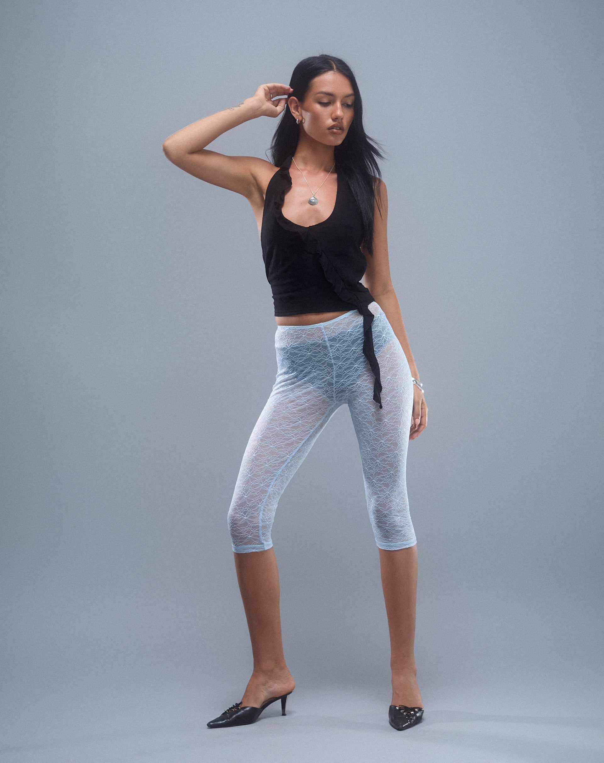 Aysu Ruffle Detail Halterneck Top in Black-Nico Sky