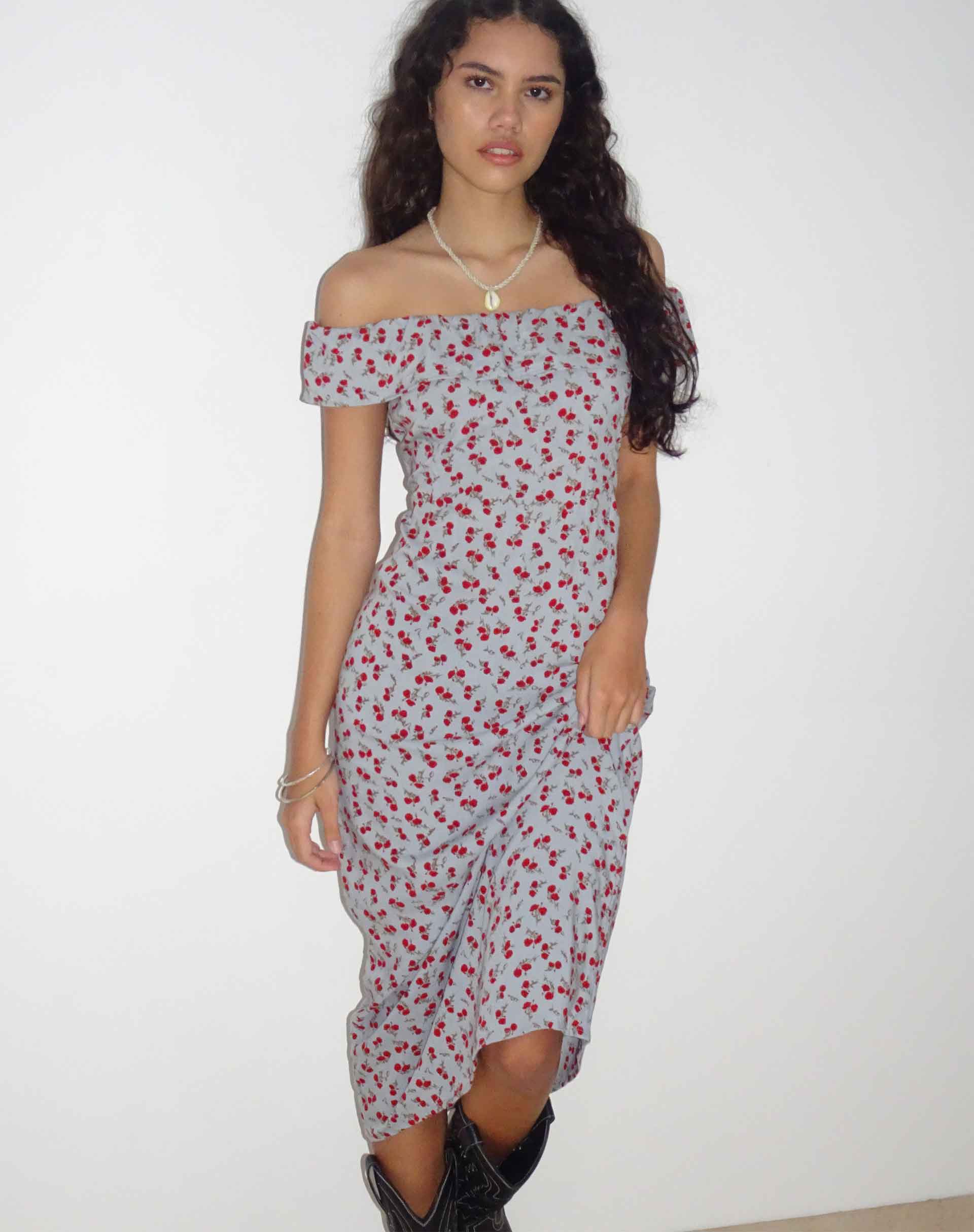 Ayudia Bardot Midi Dress in Blue Floral Ditsy-Nico Sky