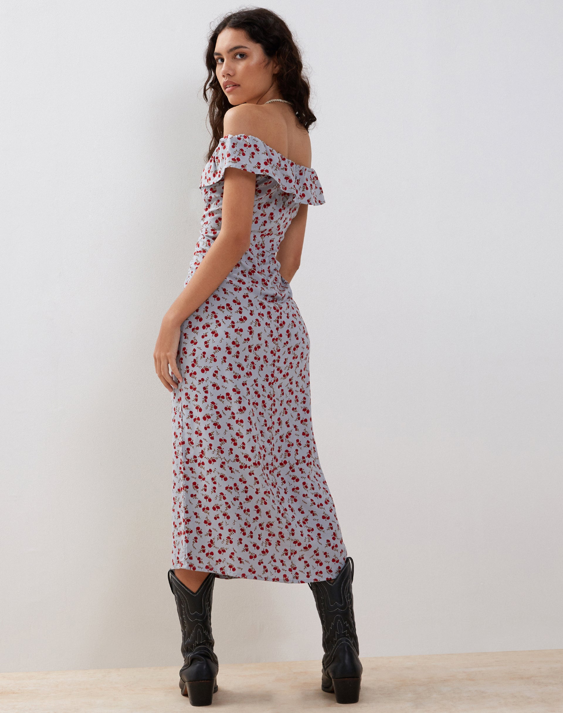 Ayudia Bardot Midi Dress in Blue Floral Ditsy-Nico Sky