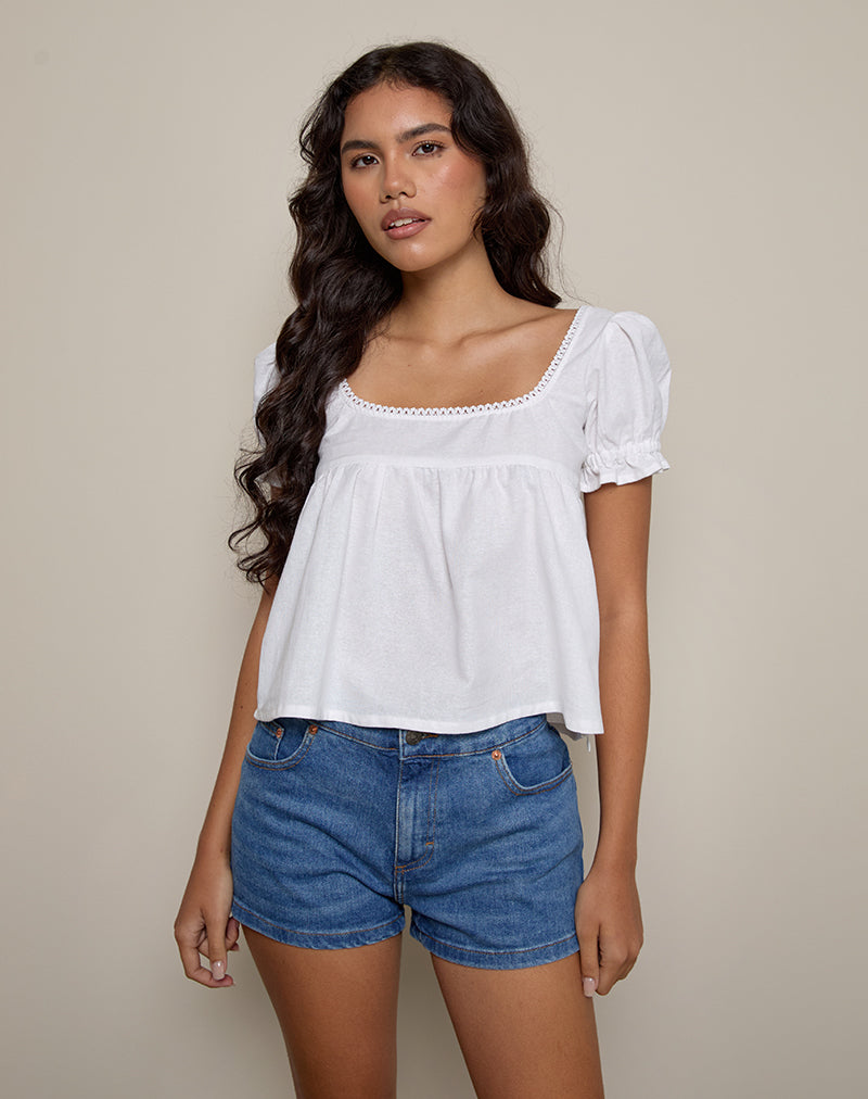 Axoni Square Neck Blouse in Linen White-Nico Sky