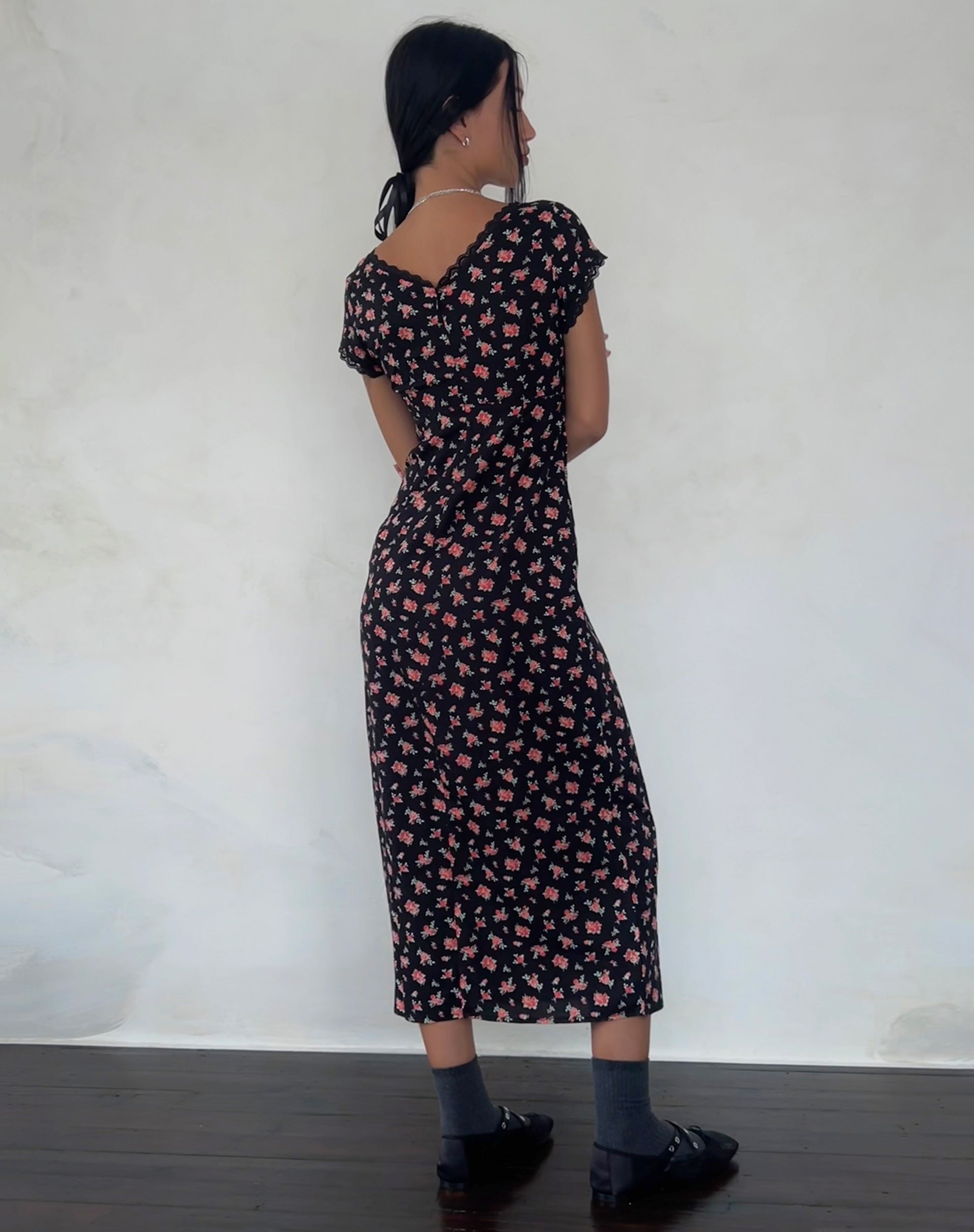 Bahata Midi Dress in Flowing Rose Black-Nico Sky