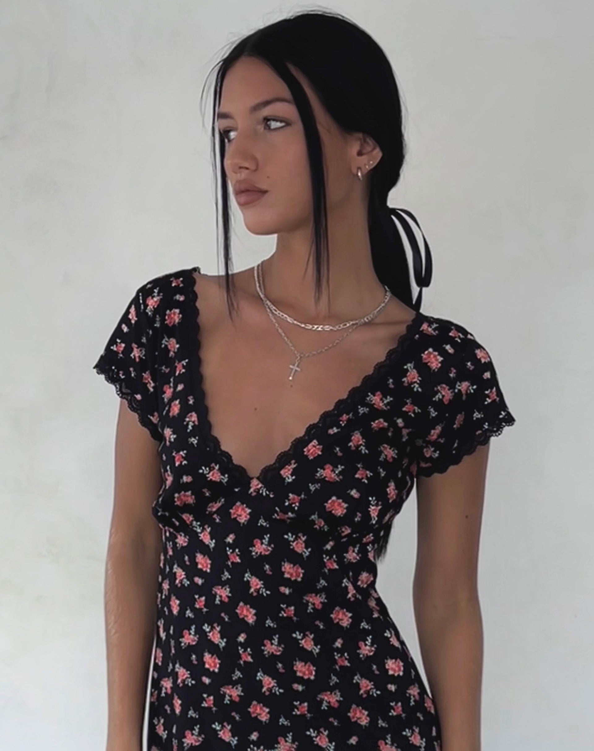 Bahata Midi Dress in Flowing Rose Black-Nico Sky