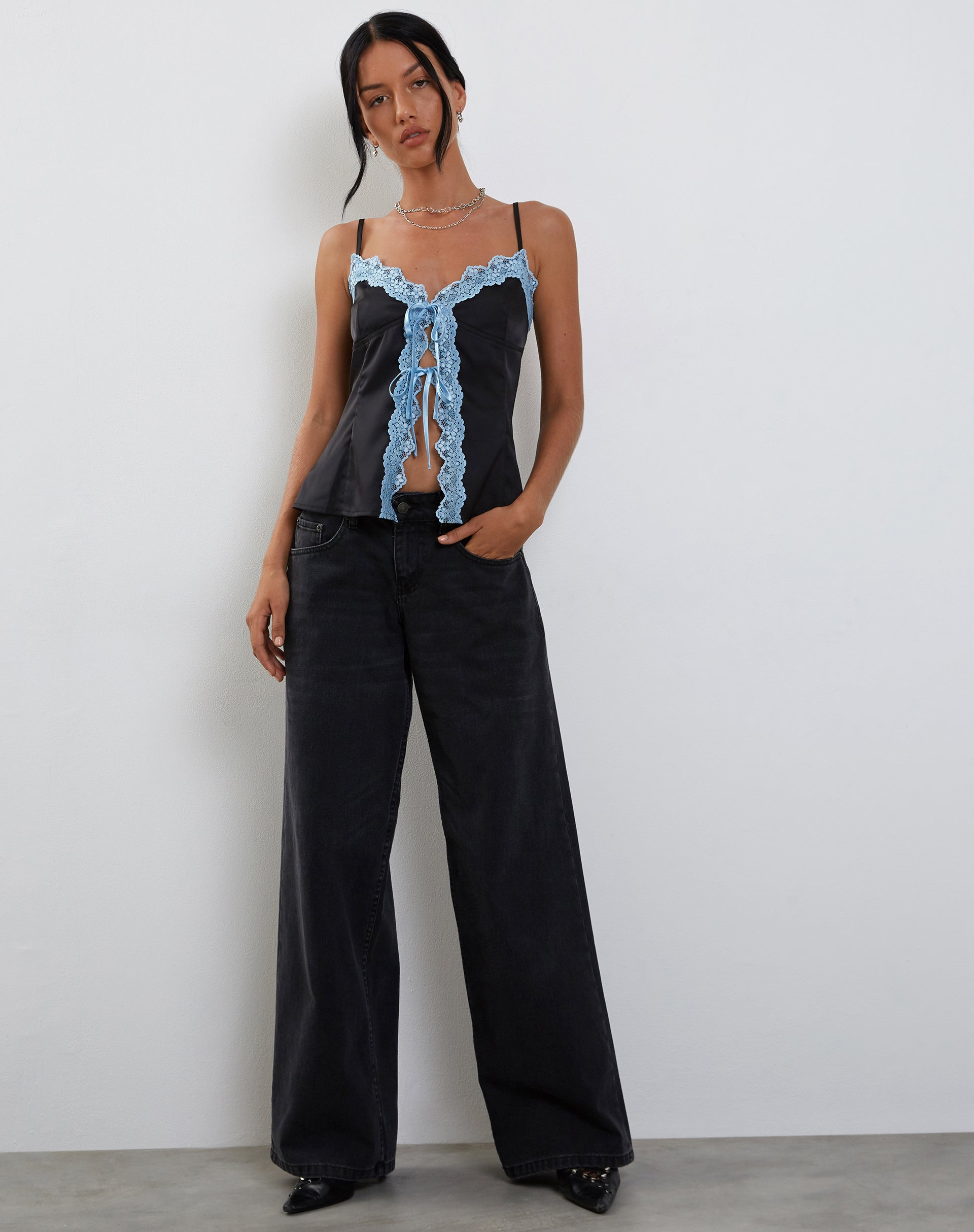 Bahela Tie Front Cami Top in Black with Blue Lace-Nico Sky