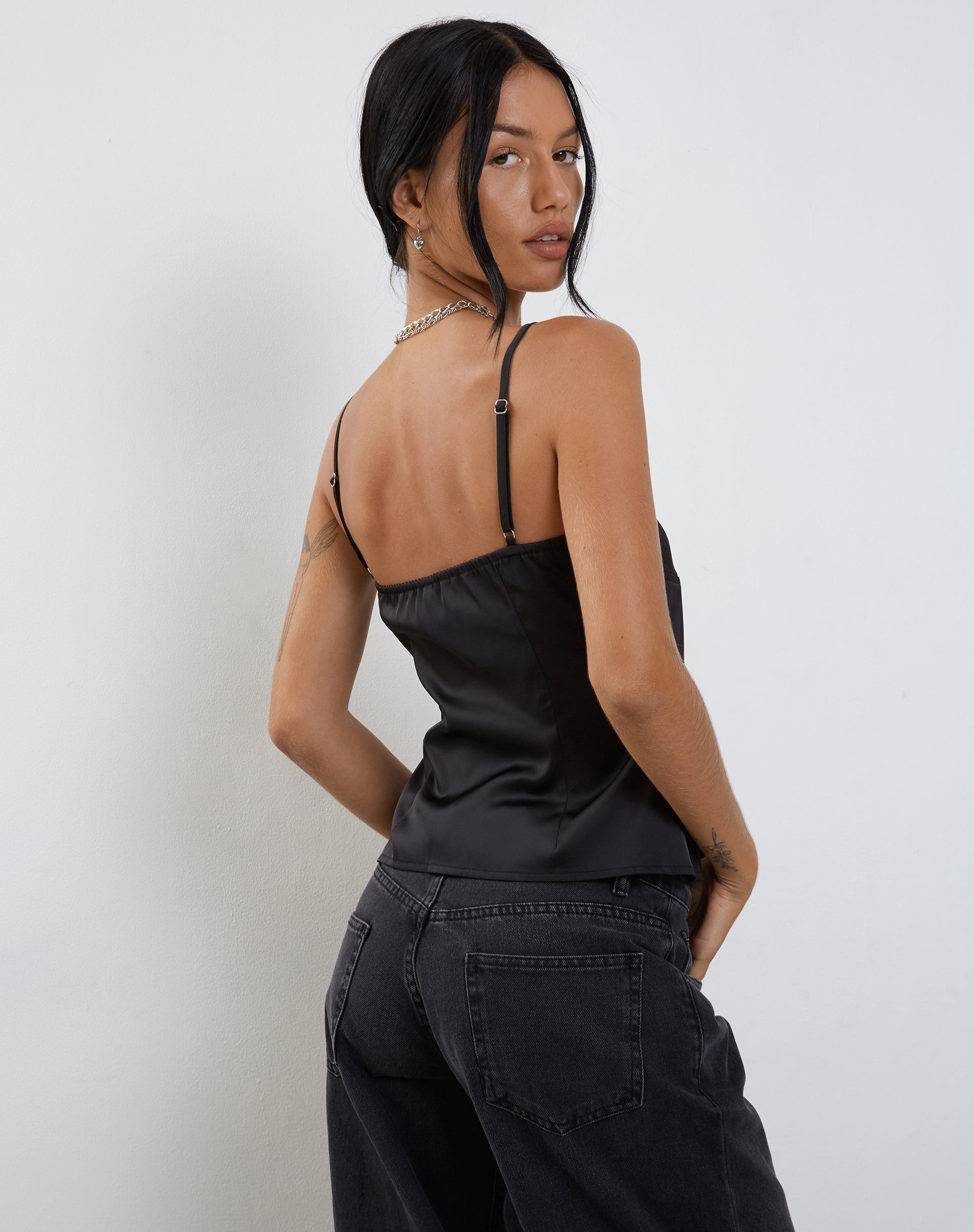 Bahela Tie Front Cami Top in Black with Blue Lace-Nico Sky