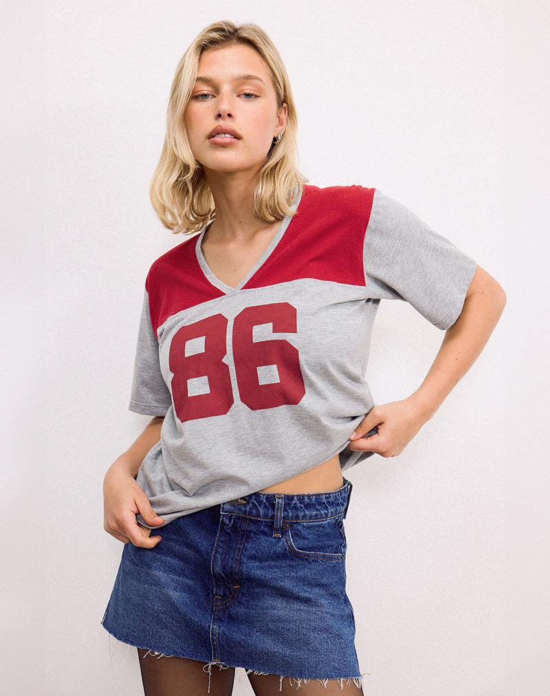Balap Oversized Top in Grey Marl and Adrenaline Red with '86' Emb-Nico Sky