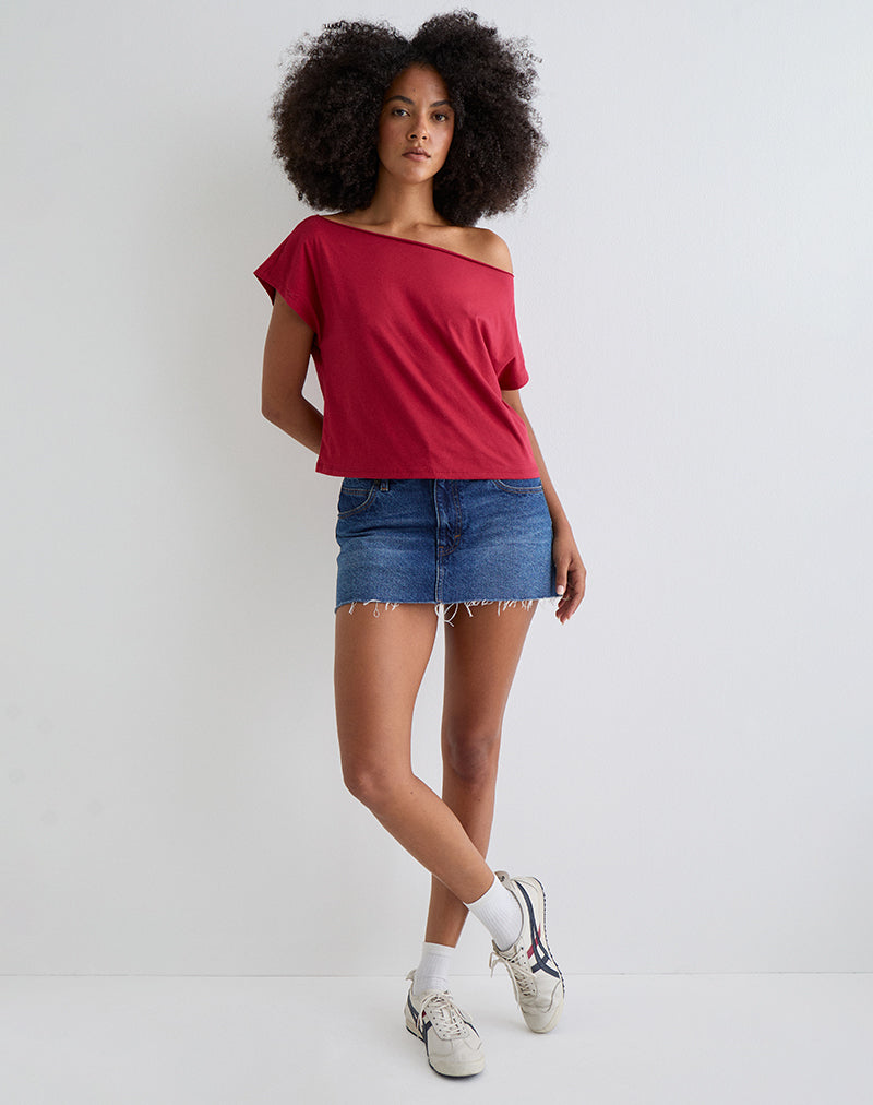 Balia Asymmetric Short Sleeve Basic Top in Adrenaline Red-Nico Sky