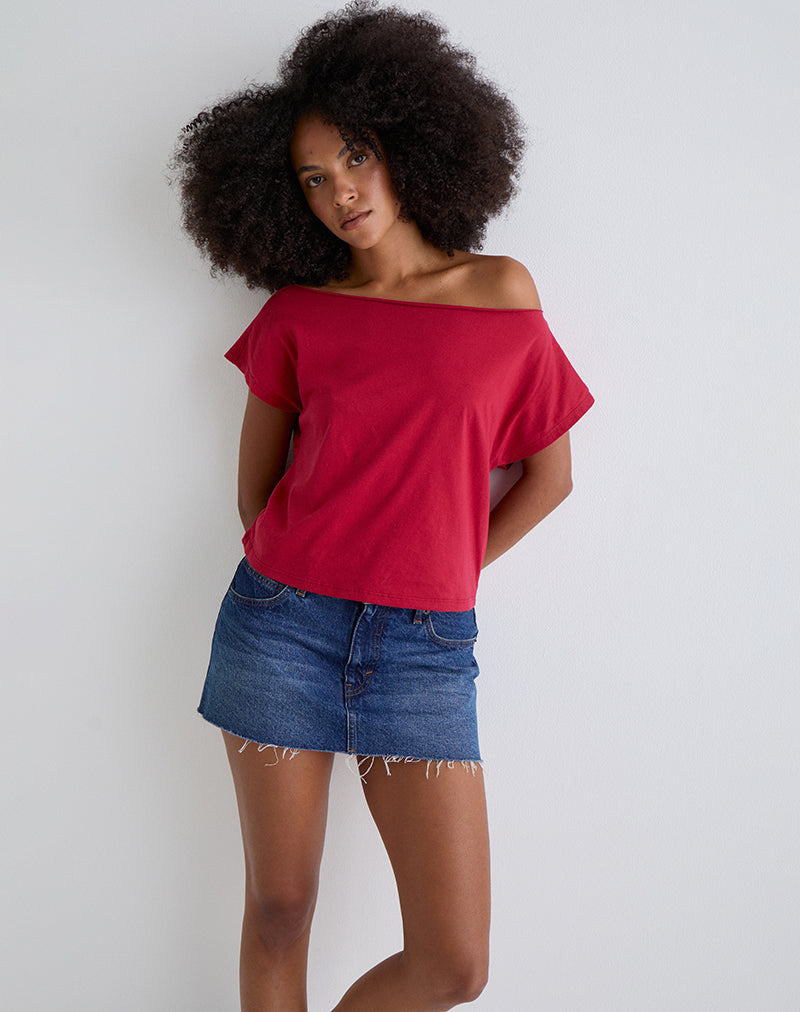 Balia Asymmetric Short Sleeve Basic Top in Adrenaline Red-Nico Sky
