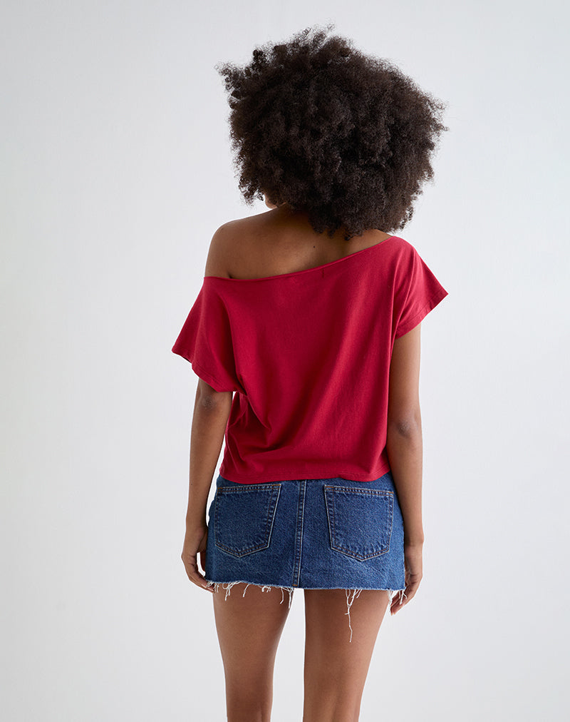 Balia Asymmetric Short Sleeve Basic Top in Adrenaline Red-Nico Sky