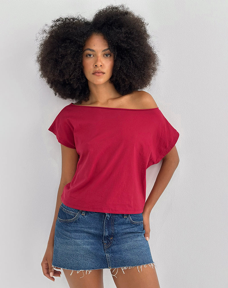 Balia Asymmetric Short Sleeve Basic Top in Adrenaline Red-Nico Sky