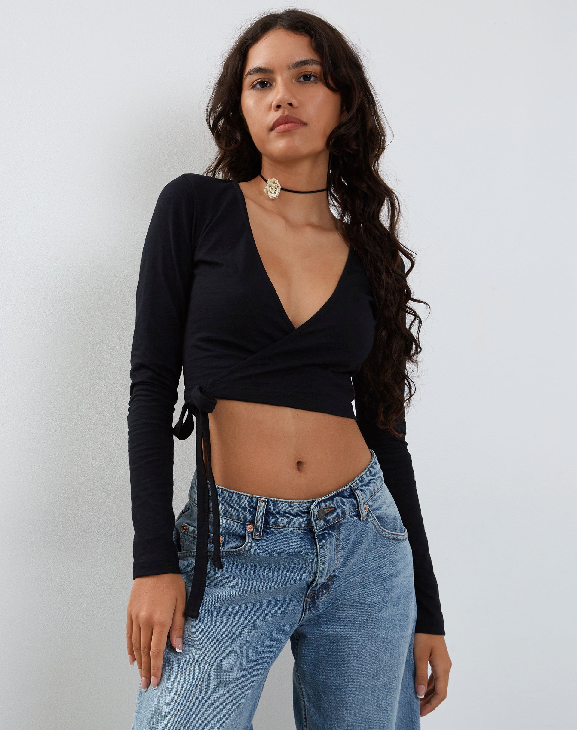 Ballet Long Sleeve Wrap Top in Black Jersey-Nico Sky