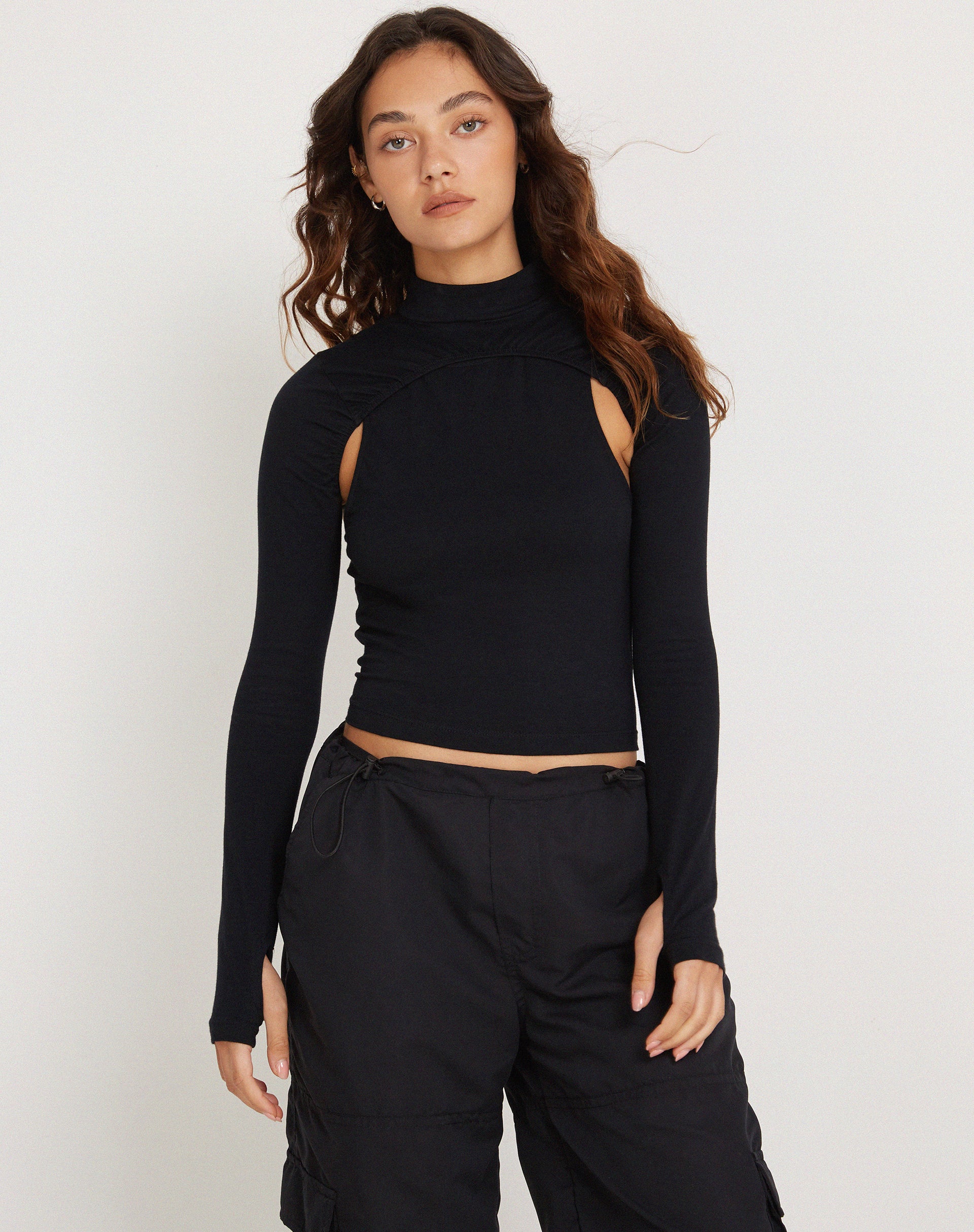 Bandi Long Sleeve High Neck Cut Out Top in Black-Nico Sky