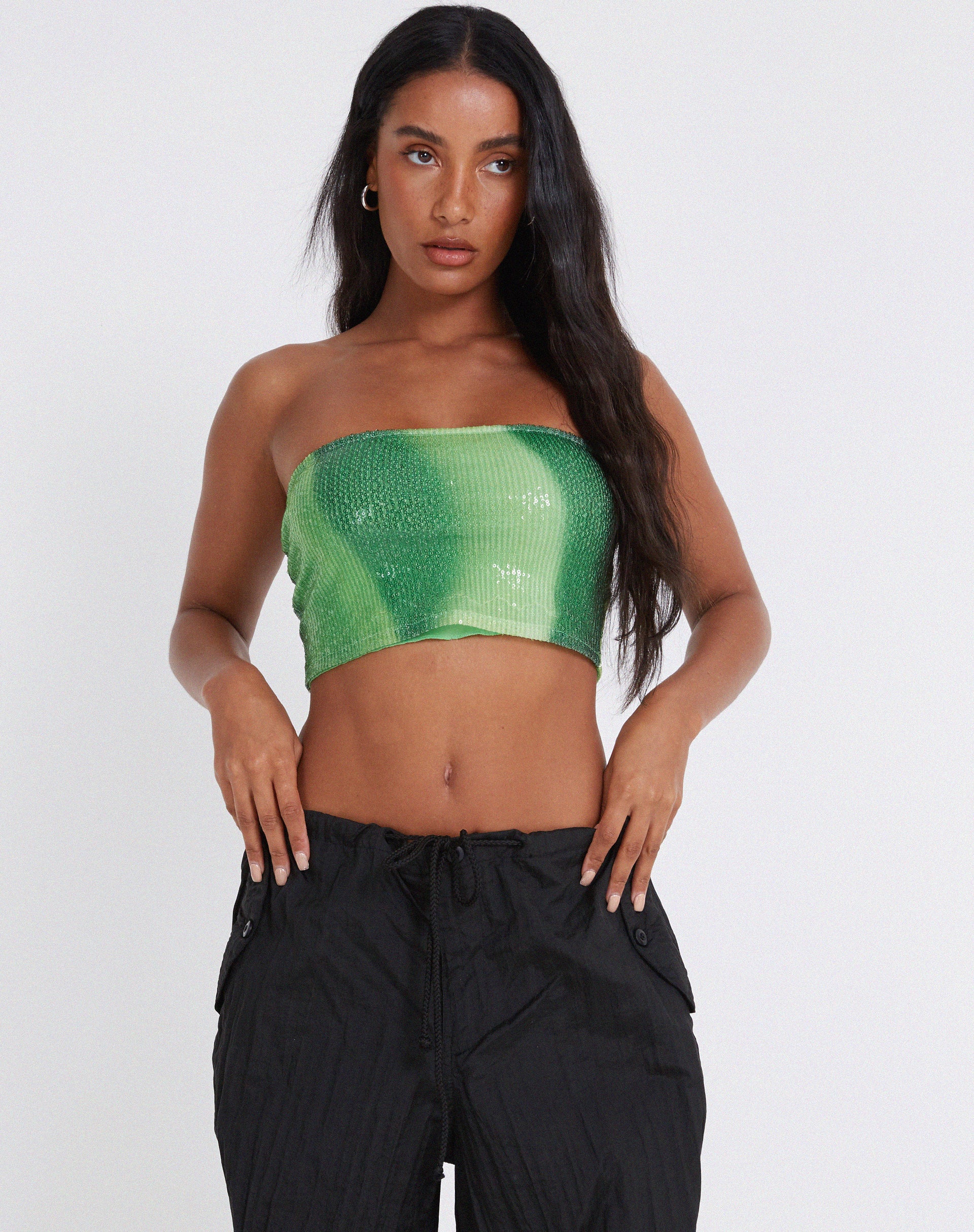Bandira Bandeau Top in Sequin Solarized Green-Nico Sky