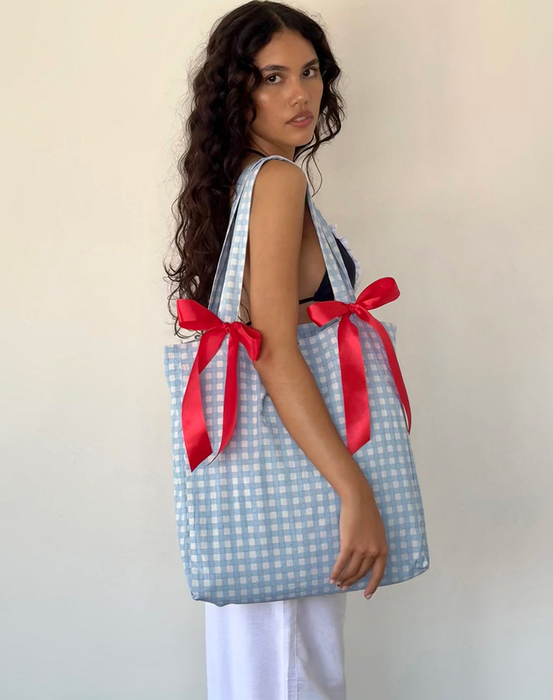 Barbara Tote Bag in Blue Gingham with Red Bow-Nico Sky