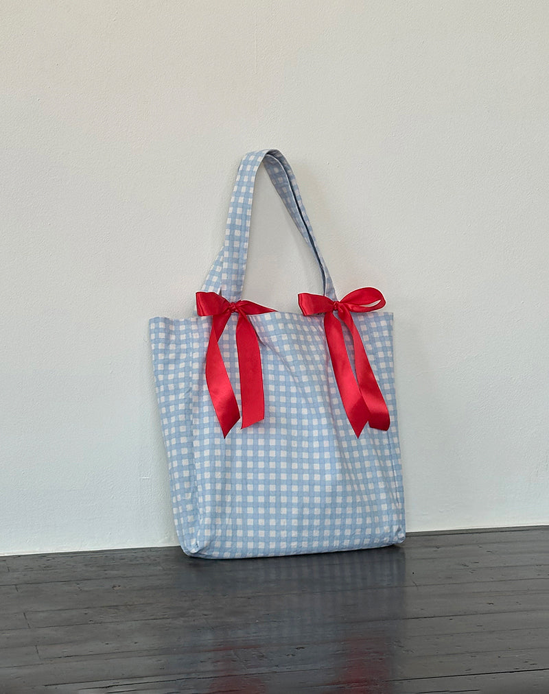 Barbara Tote Bag in Blue Gingham with Red Bow-Nico Sky