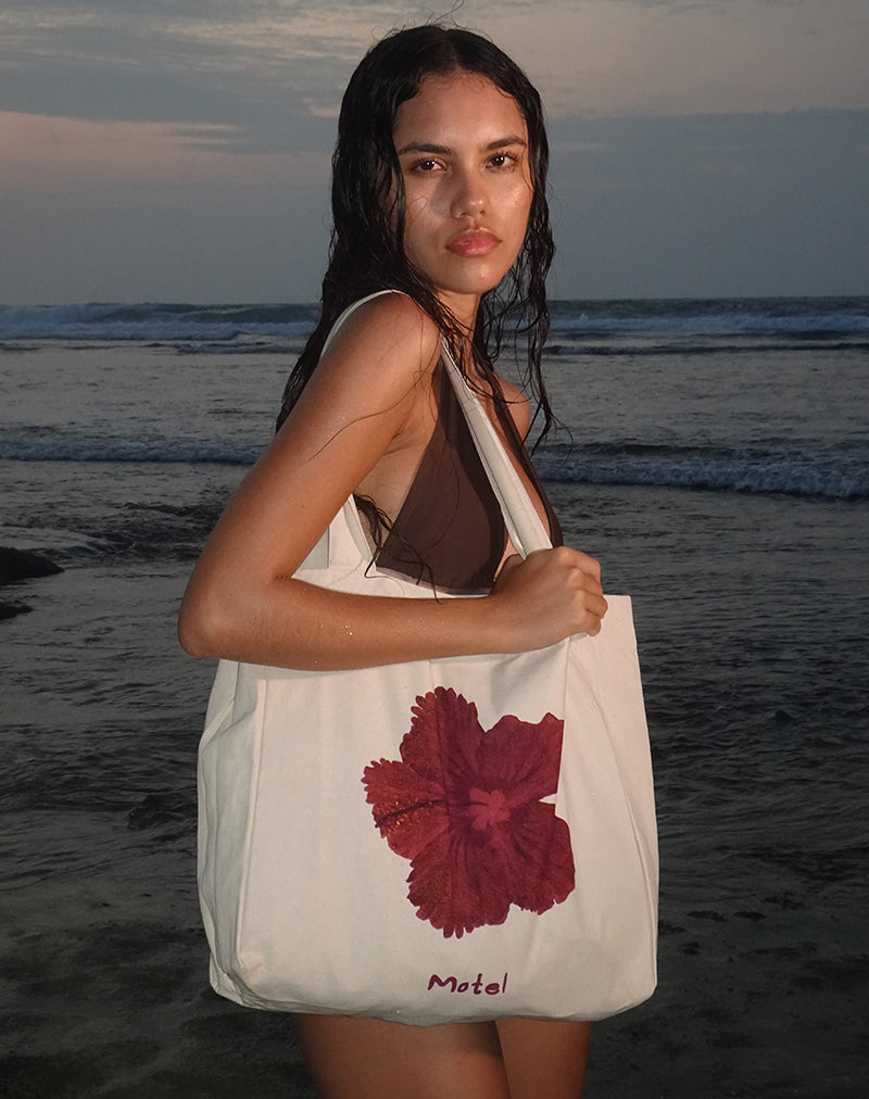 Barbara Tote Bag in Ivory with Hibiscus Print-Nico Sky