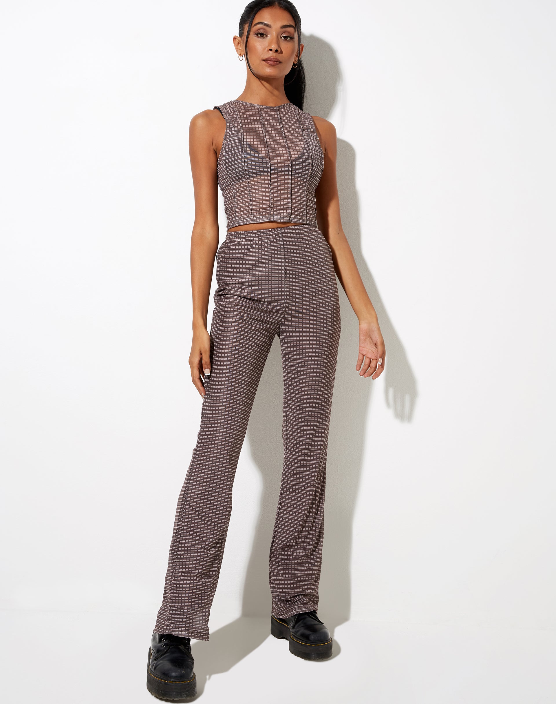 Herly Flare Trouser with Lining in Mini Check Chocolate-Nico Sky