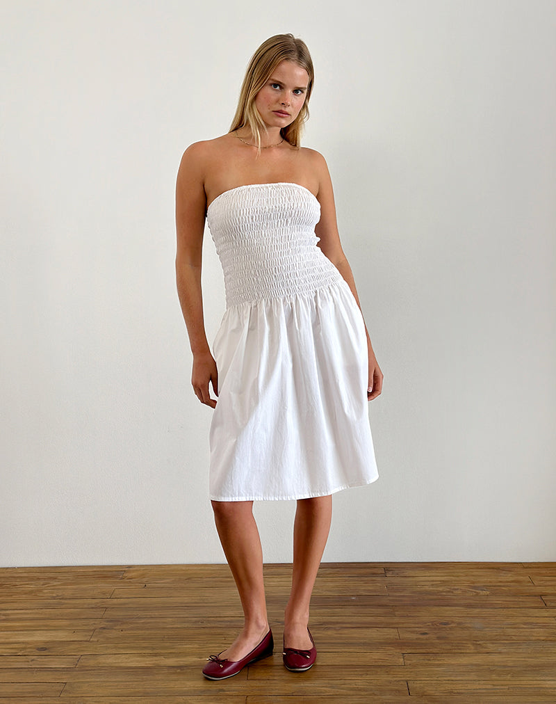 Belesi Bandeau Midi Dress in Poplin White-Nico Sky