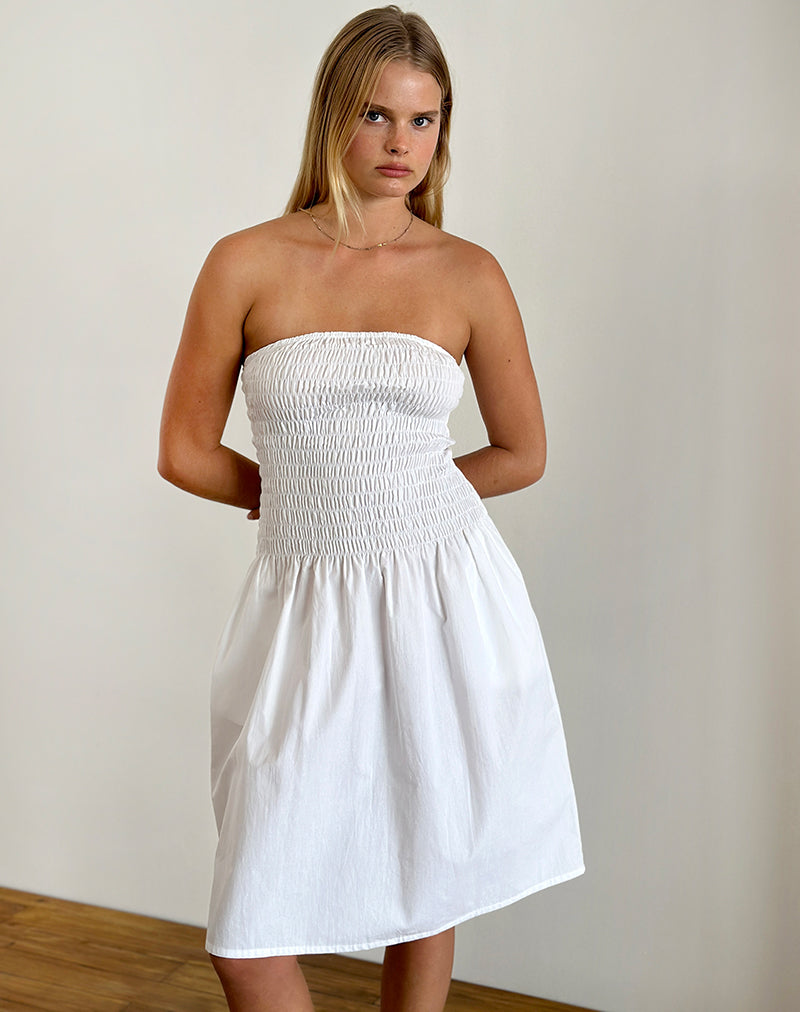 Belesi Bandeau Midi Dress in Poplin White-Nico Sky