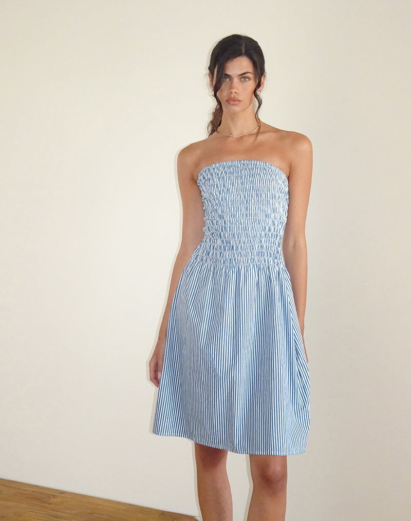 Belesi Midi Dress in Blue Small Vertical Stripe-Nico Sky