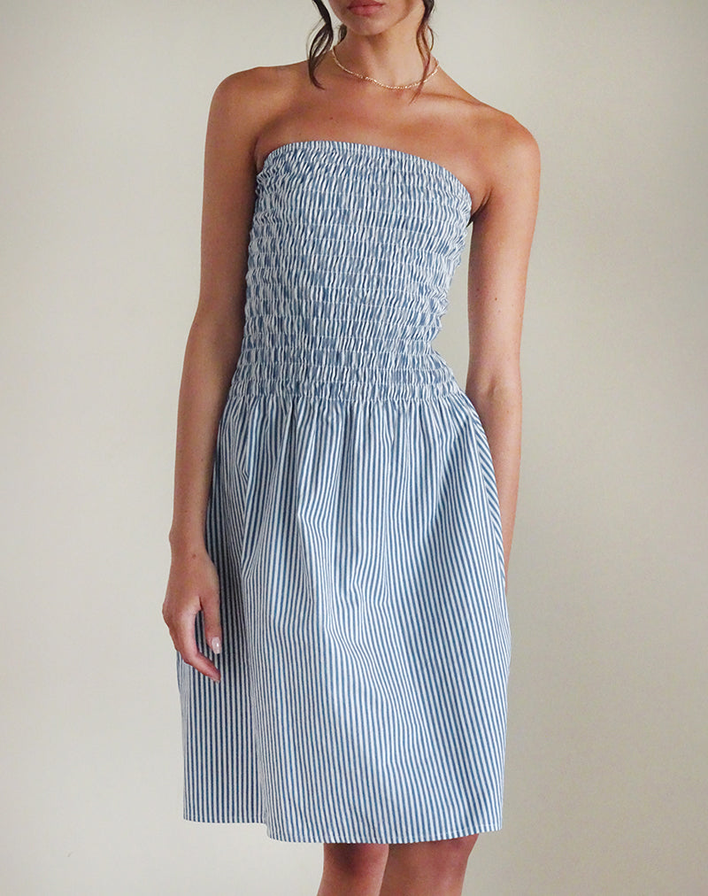 Belesi Midi Dress in Blue Small Vertical Stripe-Nico Sky